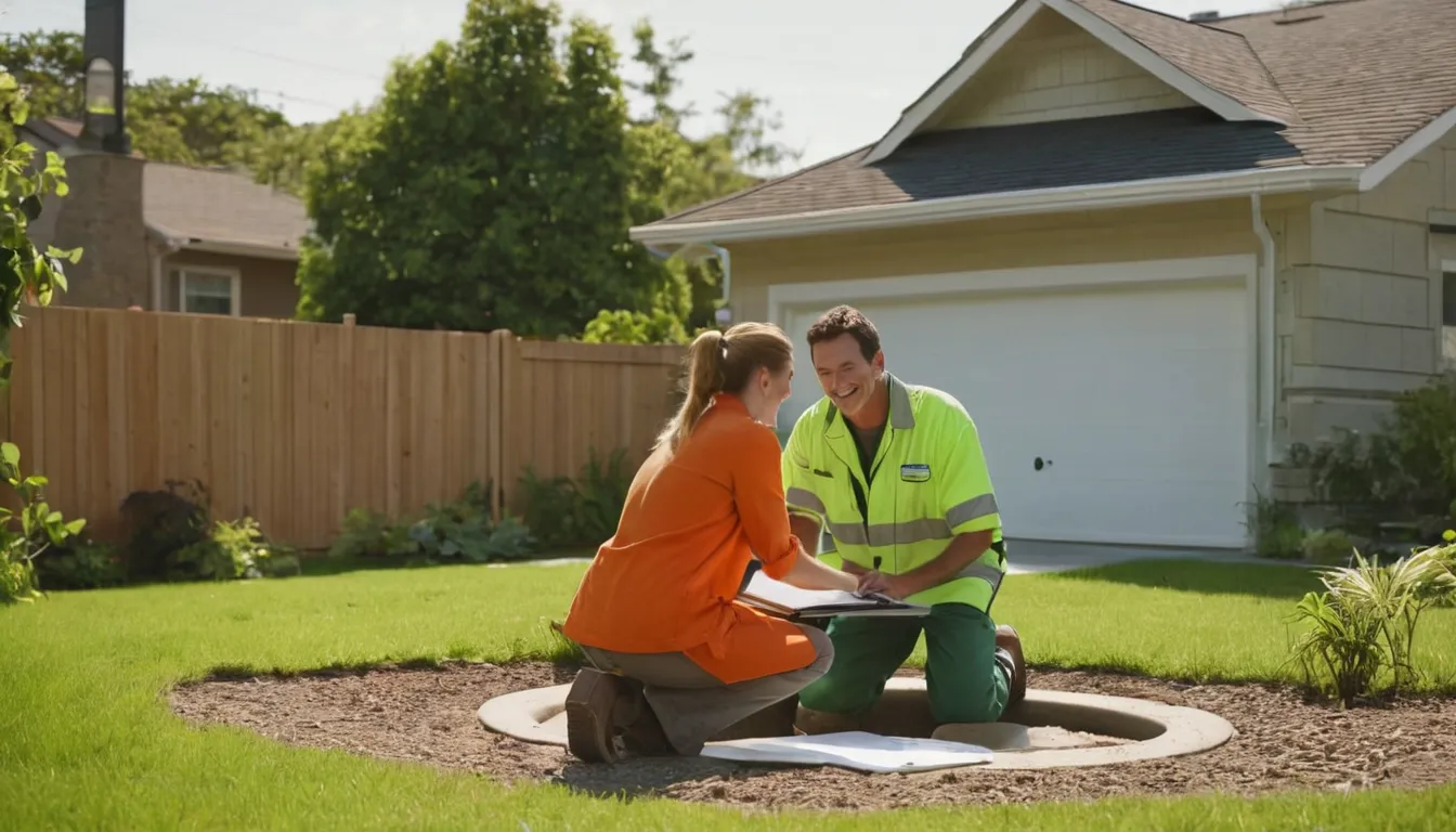 Friendly septic provider and a homeowner reviewing an open septic tank lid in a backyard in the Rockwall area