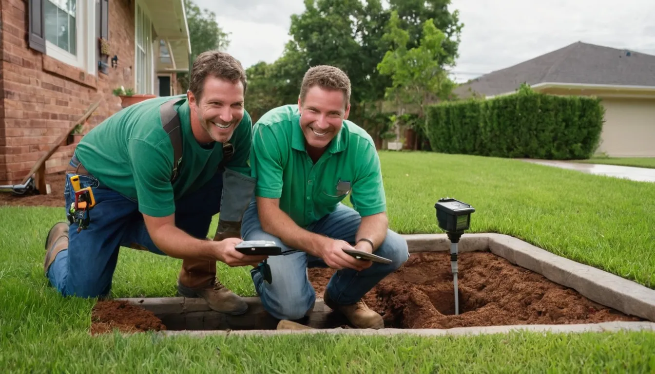 Independent provider reviewing a sewer line camera inspection with a homeowner in a Rockwall front yard